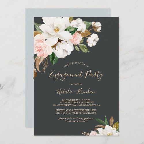 Elegant Magnolia Black and White Engagement Party Invitation