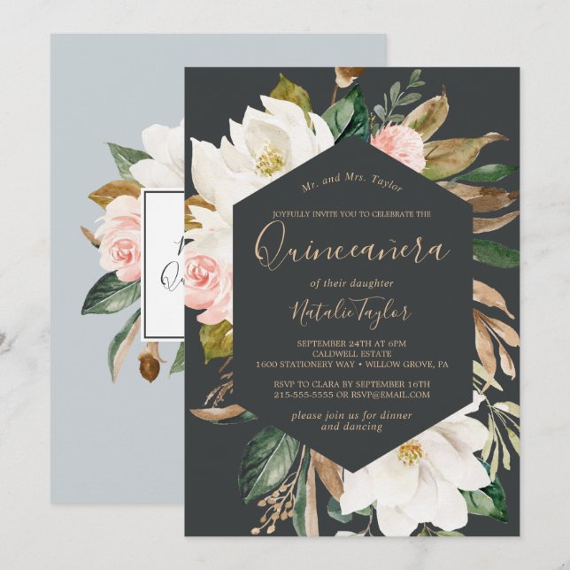 Elegant Magnolia | Black and White Quinceañera Invitation (Front/Back)