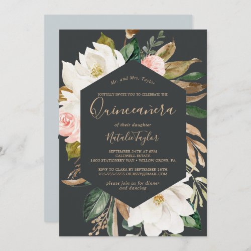 Elegant Magnolia  Black and White Quinceaera Invitation
