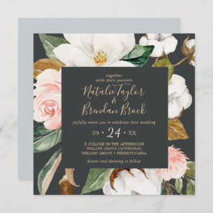 Elegant Magnolia Black and White Square Wedding Invitation