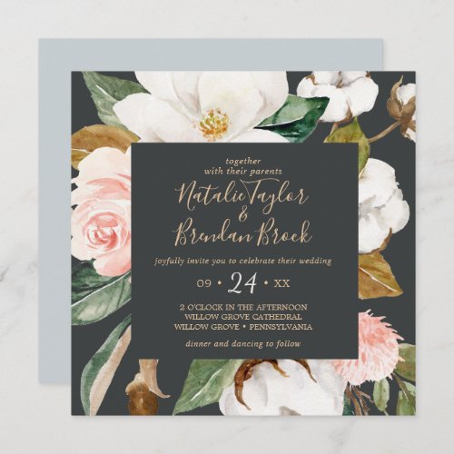 Elegant Magnolia  Black and White Square Wedding Invitation