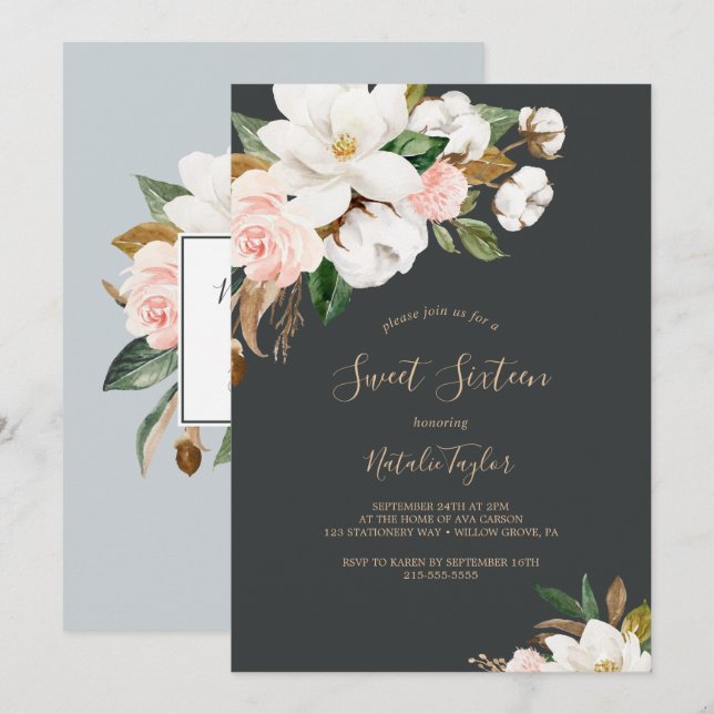 Elegant Magnolia | Black and White Sweet Sixteen Invitation (Front/Back)