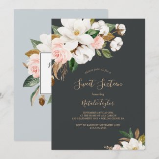Elegant Magnolia | Black and White Sweet Sixteen Invitation