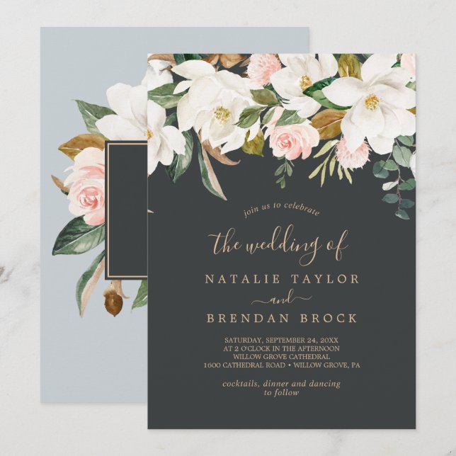 Elegant Magnolia | Black and White The Wedding Of Invitation (Front/Back)