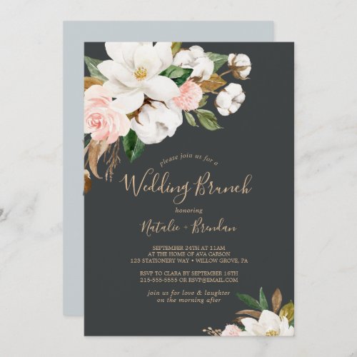 Elegant Magnolia  Black and White Wedding Brunch Invitation
