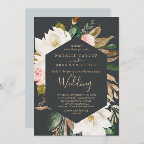 Elegant Magnolia  Black and White Wedding Invitation