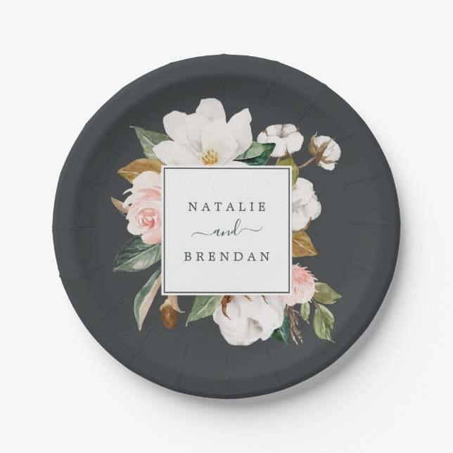 Elegant Magnolia | Black and White Wedding Paper Plates (Front)
