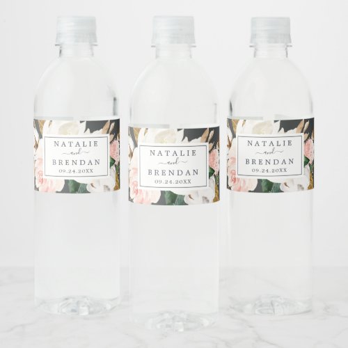 Elegant Magnolia  Black and White Wedding Water Bottle Label