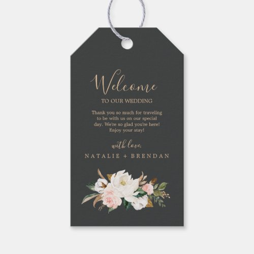 Elegant Magnolia  Black and White Wedding Welcome Gift Tags