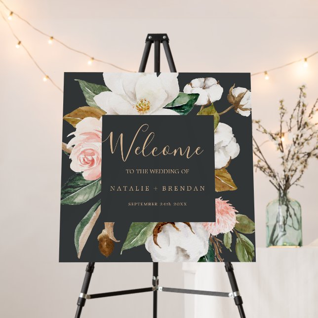 Elegant Magnolia | Black and White Welcome Wedding Foam Board (In Situ (Stand))