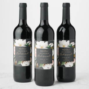 Elegant Magnolia Black Bridesmaid Proposal Wine Label