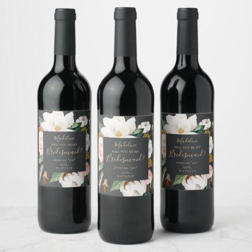 Elegant Magnolia  Black Bridesmaid Proposal Wine Label