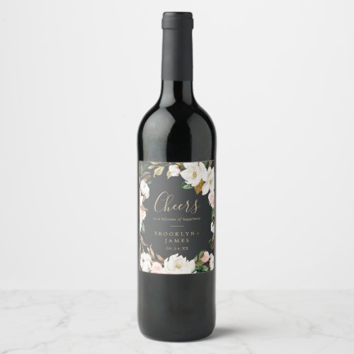Elegant Magnolia Black Cheers Wedding Wine Labels