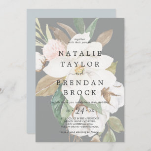 Elegant Magnolia Black Faded Floral Wedding Invitation