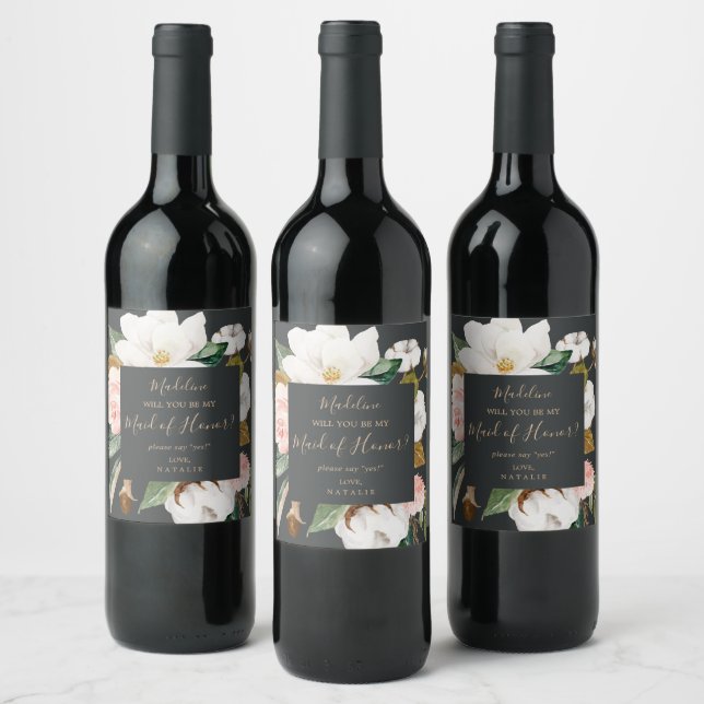 Elegant Magnolia | Black Maid of Honor Proposal Wine Label (Bottles)