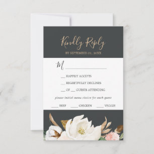 Elegant Magnolia Black Menu Choice RSVP Card