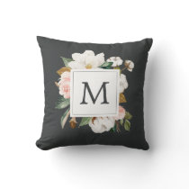 Elegant Magnolia | Black Monogrammed Throw Pillow