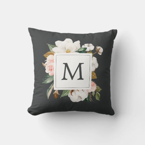 Elegant Magnolia  Black Monogrammed Throw Pillow