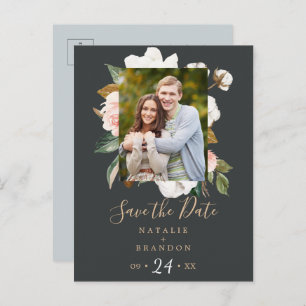 Elegant Magnolia Black Photo Save the Date Invitation Postcard