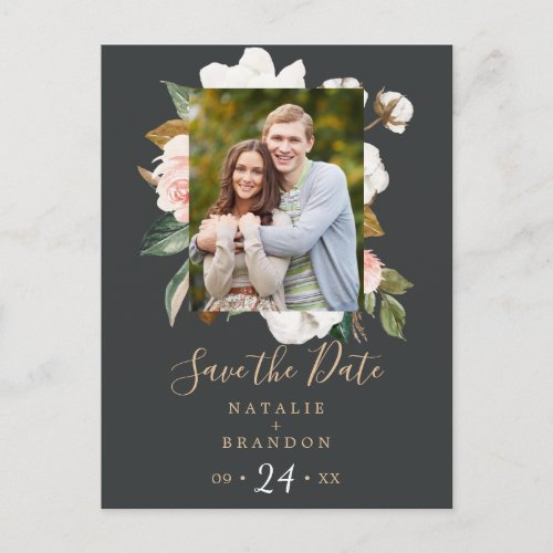 Elegant Magnolia  Black Photo Save the Date Invitation Postcard