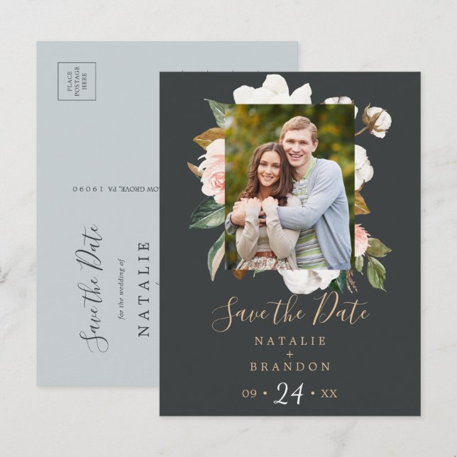 Elegant Magnolia | Black Photo Save the Date Invitation Postcard (Front/Back)