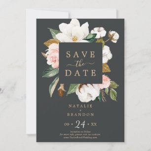 Elegant Magnolia Black Save the Date Card