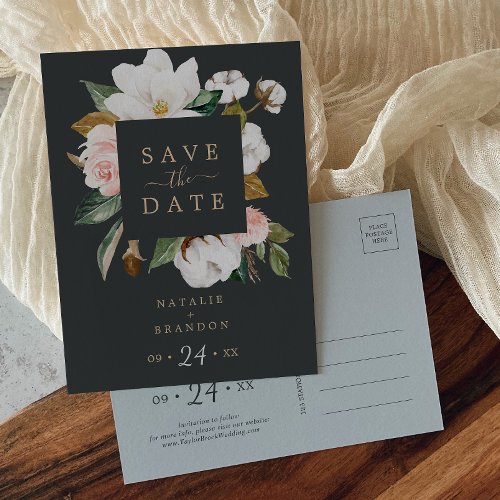 Elegant Magnolia  Black Save the Date Postcard