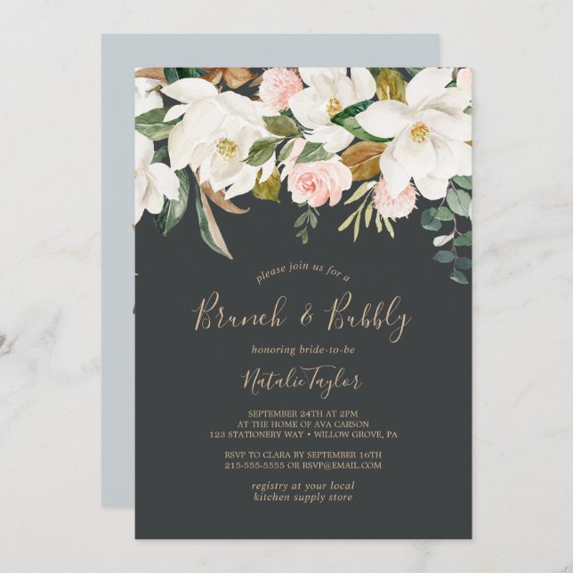 Elegant Magnolia | Black & White Brunch and Bubbly Invitation (Front/Back)