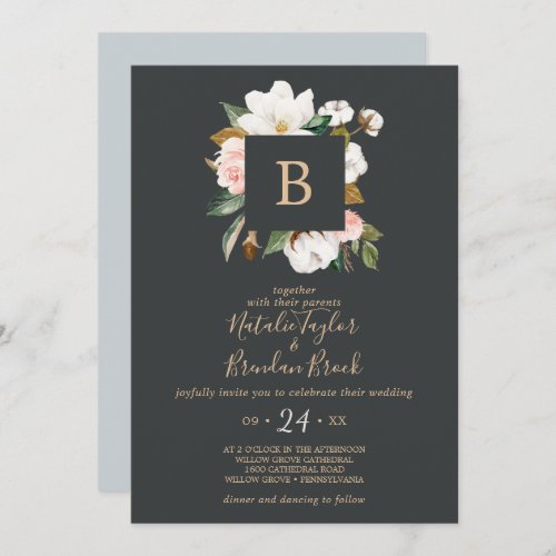 Elegant Magnolia  Black  White Monogram Wedding Invitation