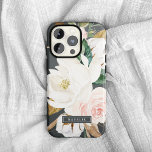 Elegant Magnolia | Black & White Personalized Name iPhone XR Case<br><div class="desc">This elegant magnolia black and white personalized name phone case is the perfect gift for her. The moody floral design features watercolor blush pink peonies, stunning white magnolia flowers and cotton with gold and green leaves in a luxurious arrangement on a dark background. Personalize the case with her first or...</div>