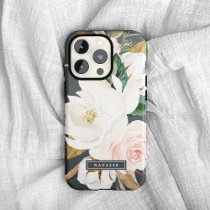 Elegant Magnolia | Black & White Personalized Name iPhone XR Case