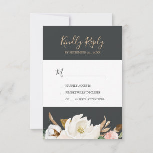 Elegant Magnolia Black & White Simple RSVP Card