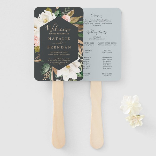 Elegant Magnolia Black & White Wedding Program Fan (Front and Back)