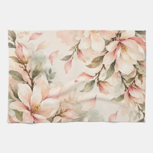 Elegant Magnolia Blossom Botanical Pattern Kitchen Towel