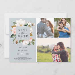 Elegant Magnolia Blue Gray 3 Photo Collage Save The Date
