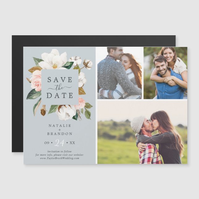 Elegant Magnolia | Blue Gray 3 Photo Save the Date Magnetic Invitation (Front/Back)