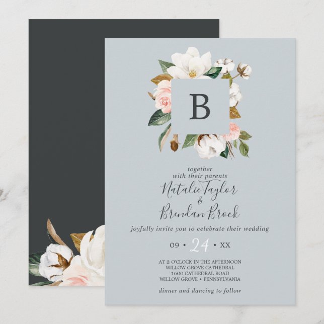 Elegant Magnolia Blue Gray All In One Wedding Invitation (Front/Back)