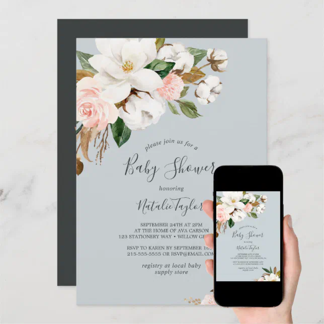 Elegant Magnolia | Blue Gray Baby Shower Invitation | Zazzle