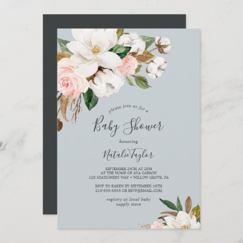 Elegant Magnolia  Blue Gray Baby Shower Invitation