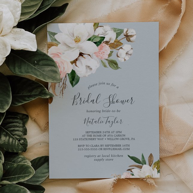 Elegant Magnolia | Blue Gray Bridal Shower Invitation