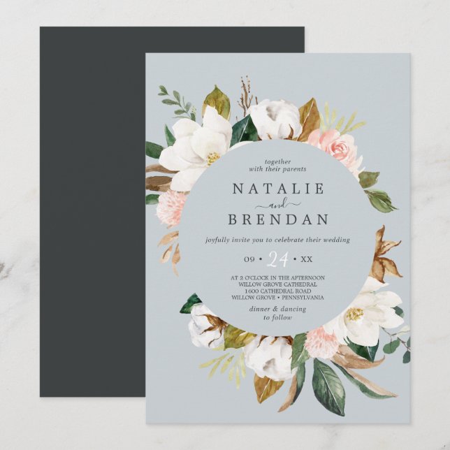 Elegant Magnolia | Blue Gray Casual Wedding Invitation (Front/Back)