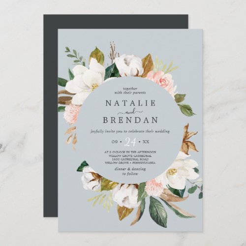Elegant Magnolia  Blue Gray Casual Wedding Invitation