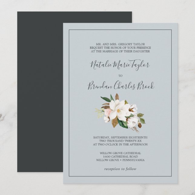 Elegant Magnolia | Blue Gray Formal Wedding Invitation (Front/Back)