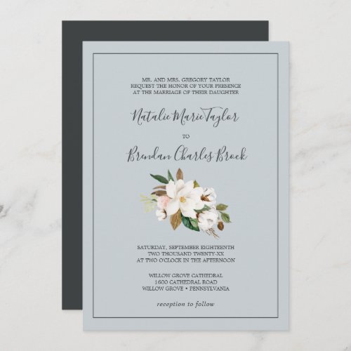 Elegant Magnolia  Blue Gray Formal Wedding Invitation