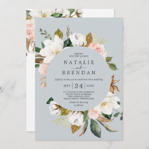 Elegant Magnolia   Blue Gray Front & Back Wedding  Invitation