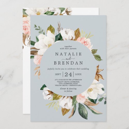 Elegant Magnolia  Blue Gray Front  Back Wedding  Invitation