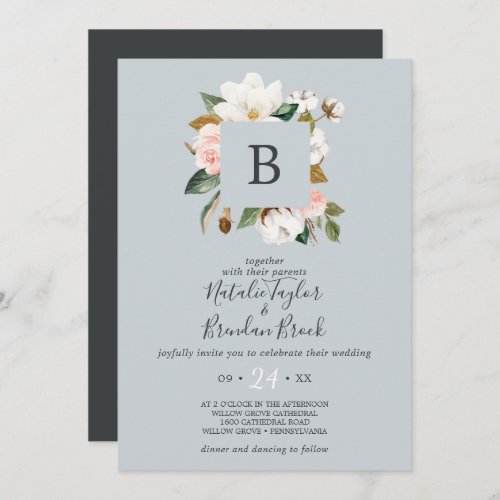 Elegant Magnolia  Blue Gray Monogram Wedding Invitation