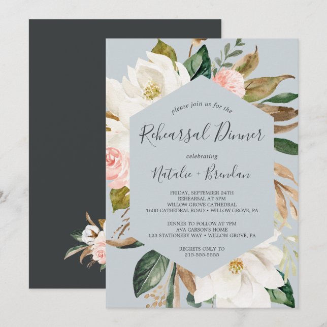 Elegant Magnolia Blue Gray Rehearsal Dinner Invitation (Front/Back)