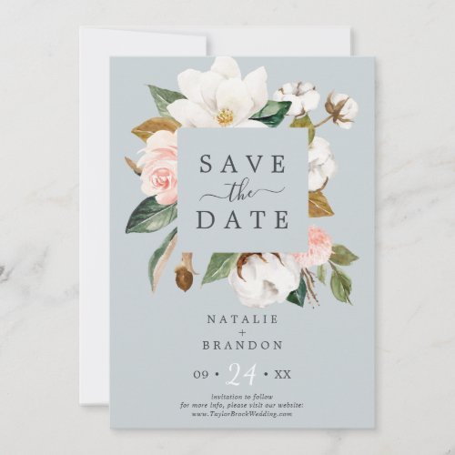 Elegant Magnolia  Blue Gray Save the Date Card