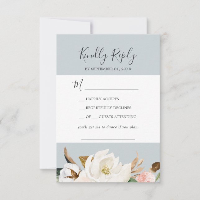 Elegant Magnolia Blue Gray Song Request RSVP Card (Front)